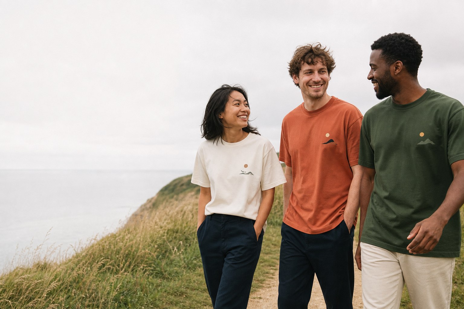 Friends wearing colourful Mostee graphic T-shirts outdoors